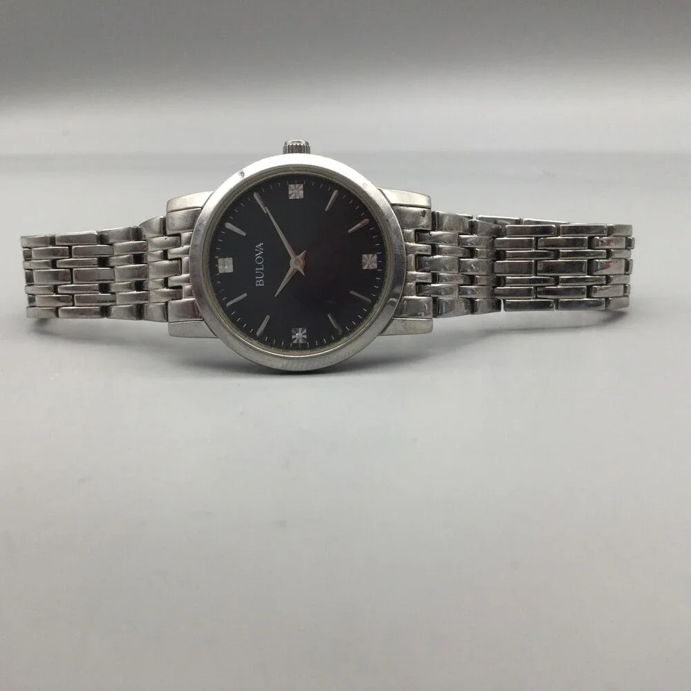 Bulova Womens Watch 27mm Black Dial Stainless Steel B96P148 New Battery 7.5